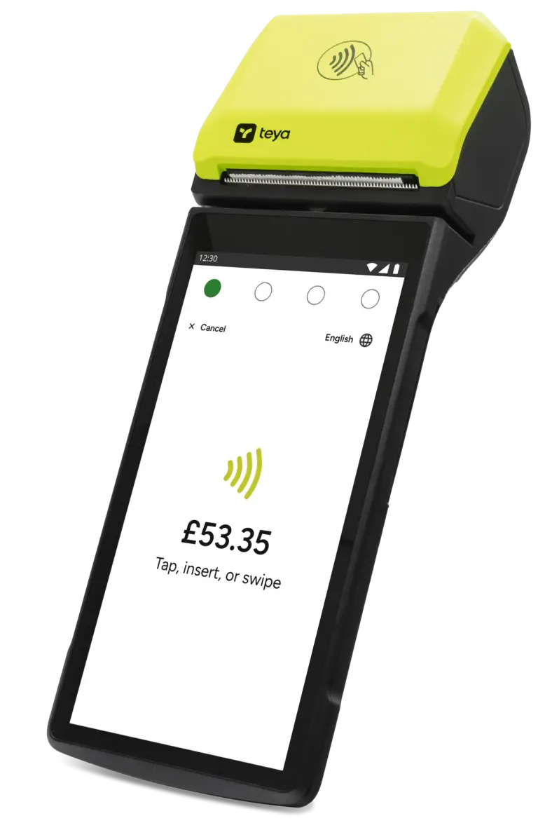 Contactless payment device with screen displaying £53.35.