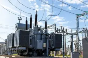 A high voltage power transformer, connected to the National Grid.
